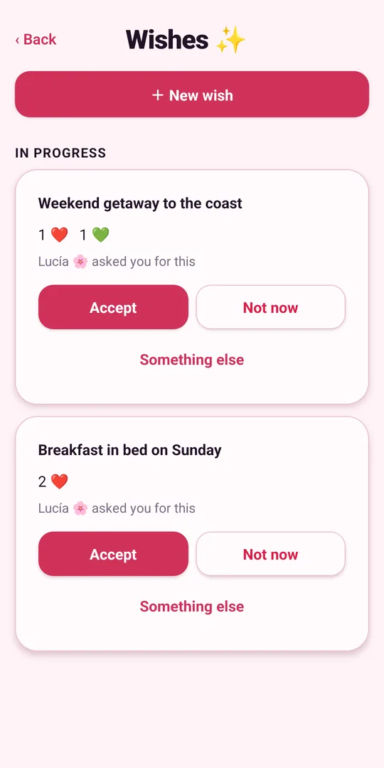 LoveLives, a couples app — wishes: your partner asks for something and you accept it, leave it for later or suggest something else
