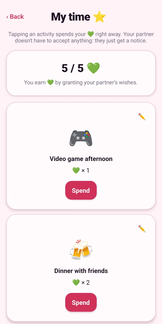 LoveLives, a couples app — My time: spend your green hearts on your own plans and your partner gets a notification