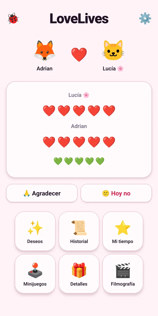 Pantalla de inicio de LoveLives con los corazones de cada uno