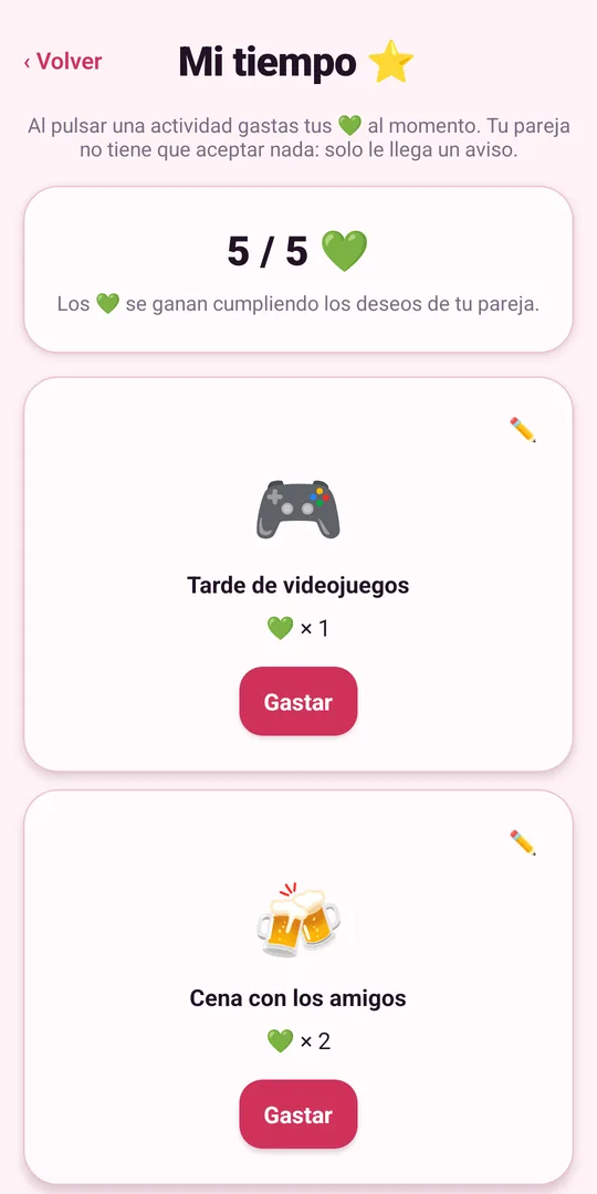 LoveLives, app para casais — Meu tempo: você gasta os corações verdes nos seus planos e o seu par recebe um aviso