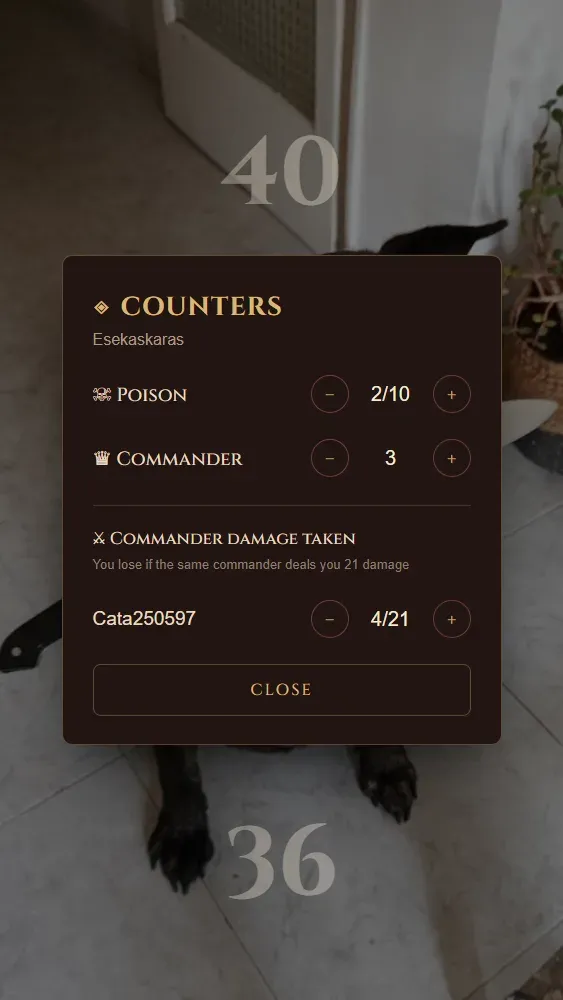 MagicNexus screenshot: the poison, commander and commander damage counters