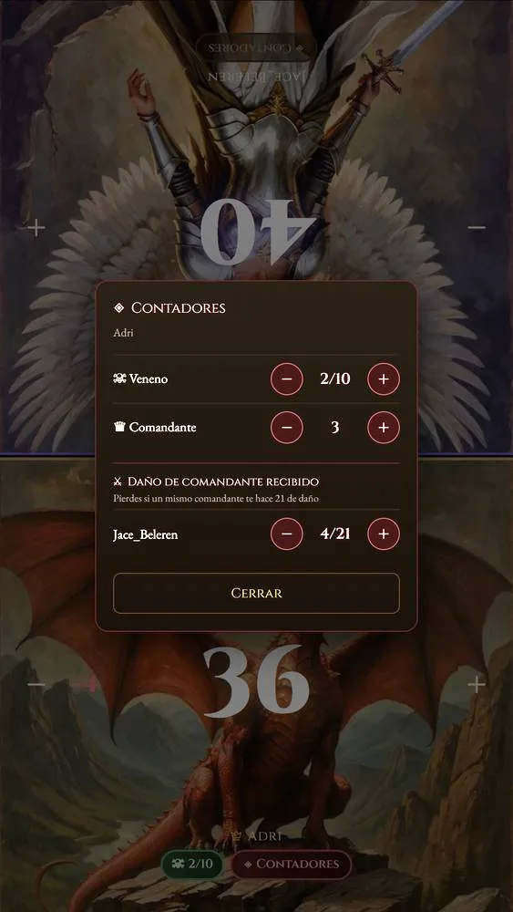 MagicNexus, app de Magic: The Gathering — los contadores de veneno, comandante y daño de comandante