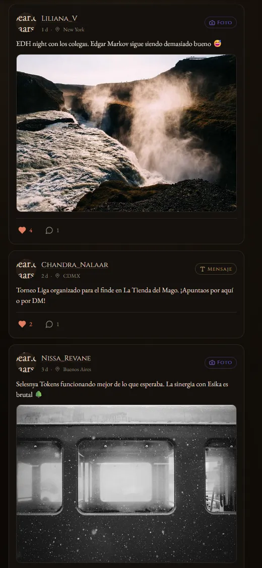 Captura de MagicNexus: el feed de la comunidad