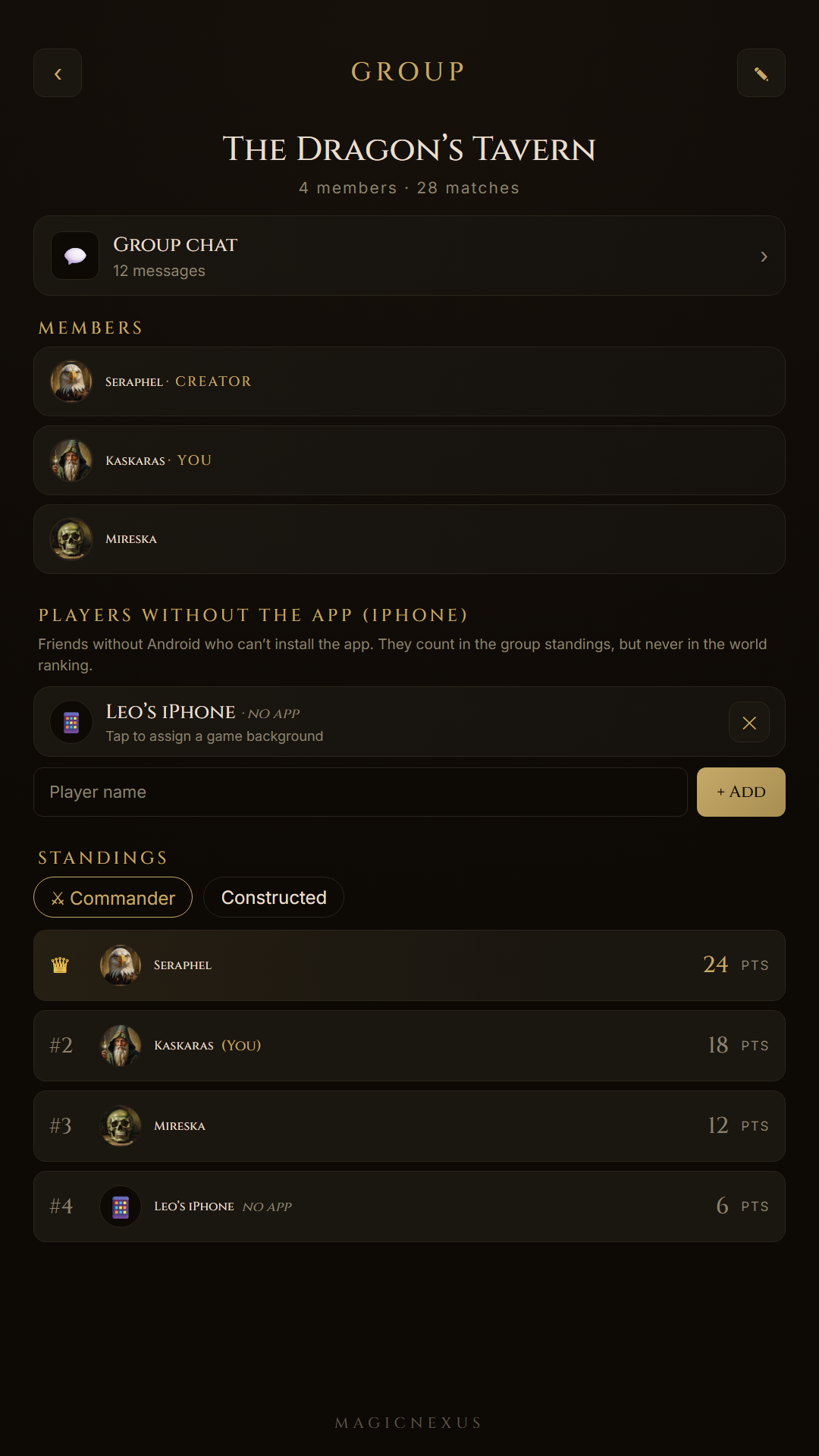 MagicNexus, a Magic: The Gathering app — a group and its games