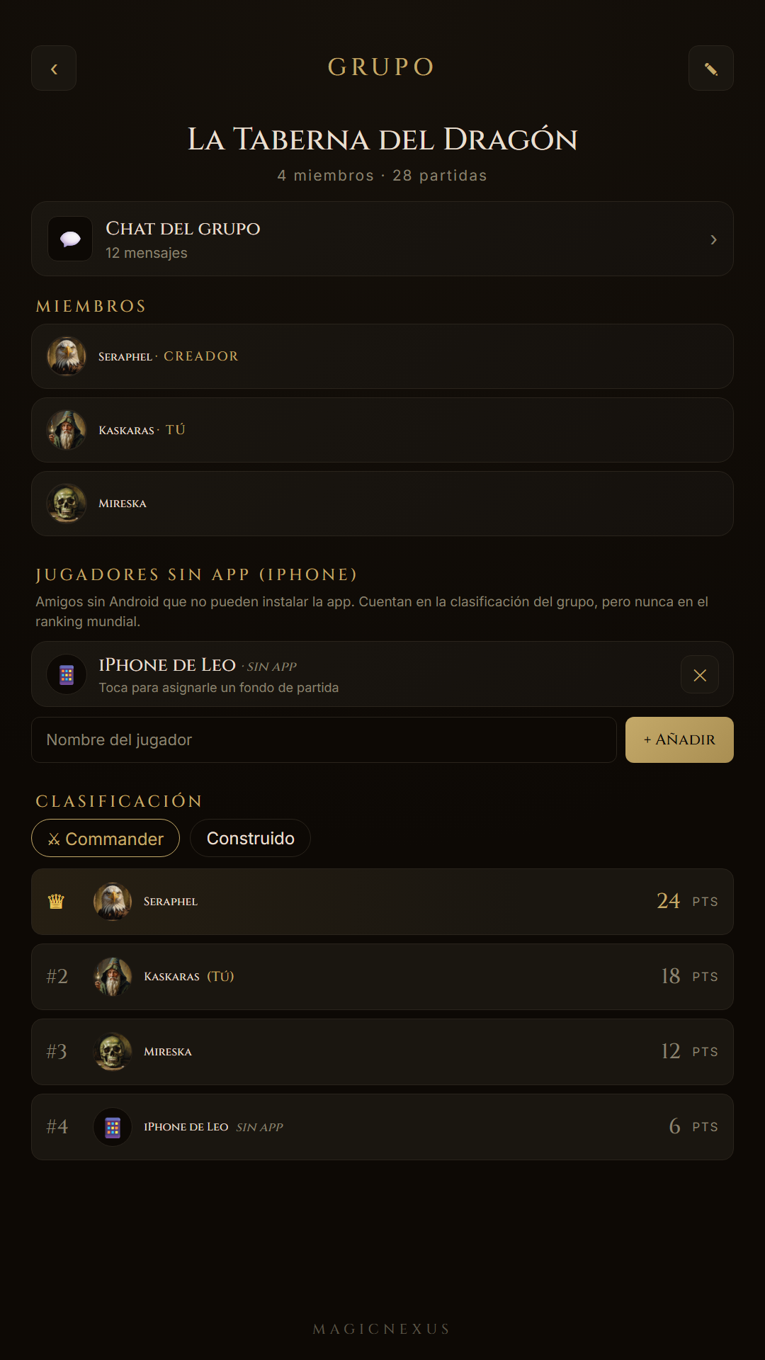 MagicNexus, app de Magic: The Gathering — un grupo y sus partidas