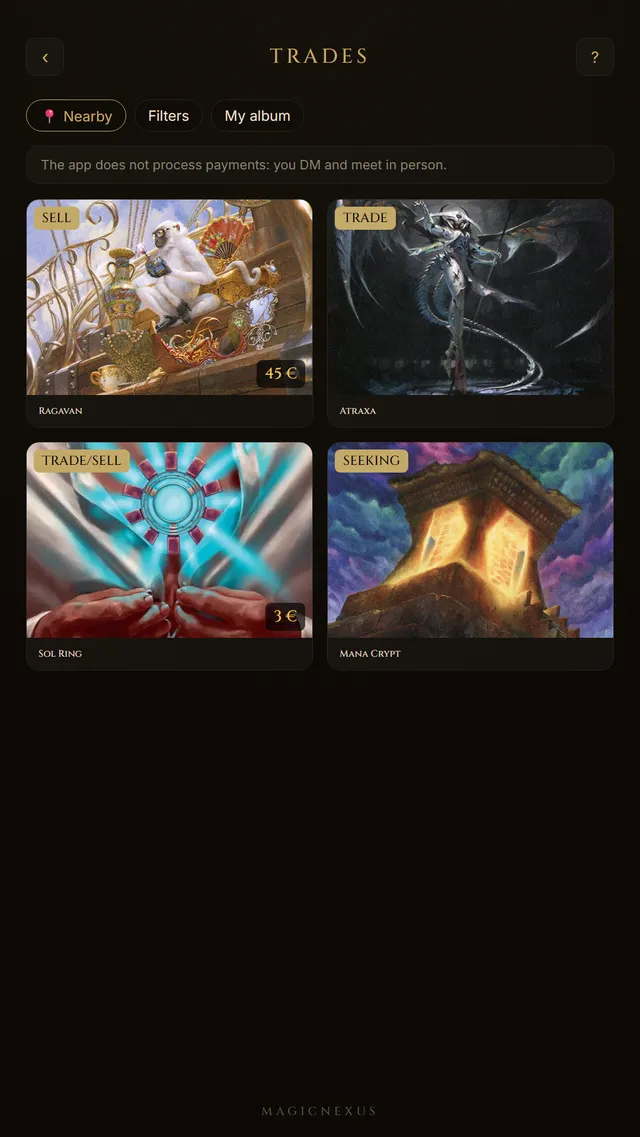 MagicNexus screenshot: the card trades board