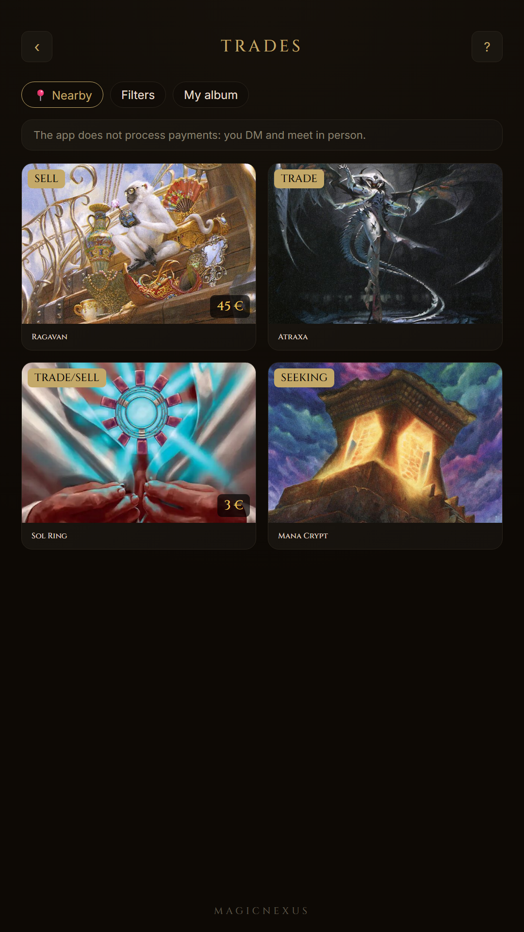 MagicNexus, a Magic: The Gathering app — the card trades board