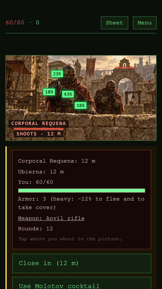 DustFall screenshot: aiming in combat: each part of the enemy shows its hit chance