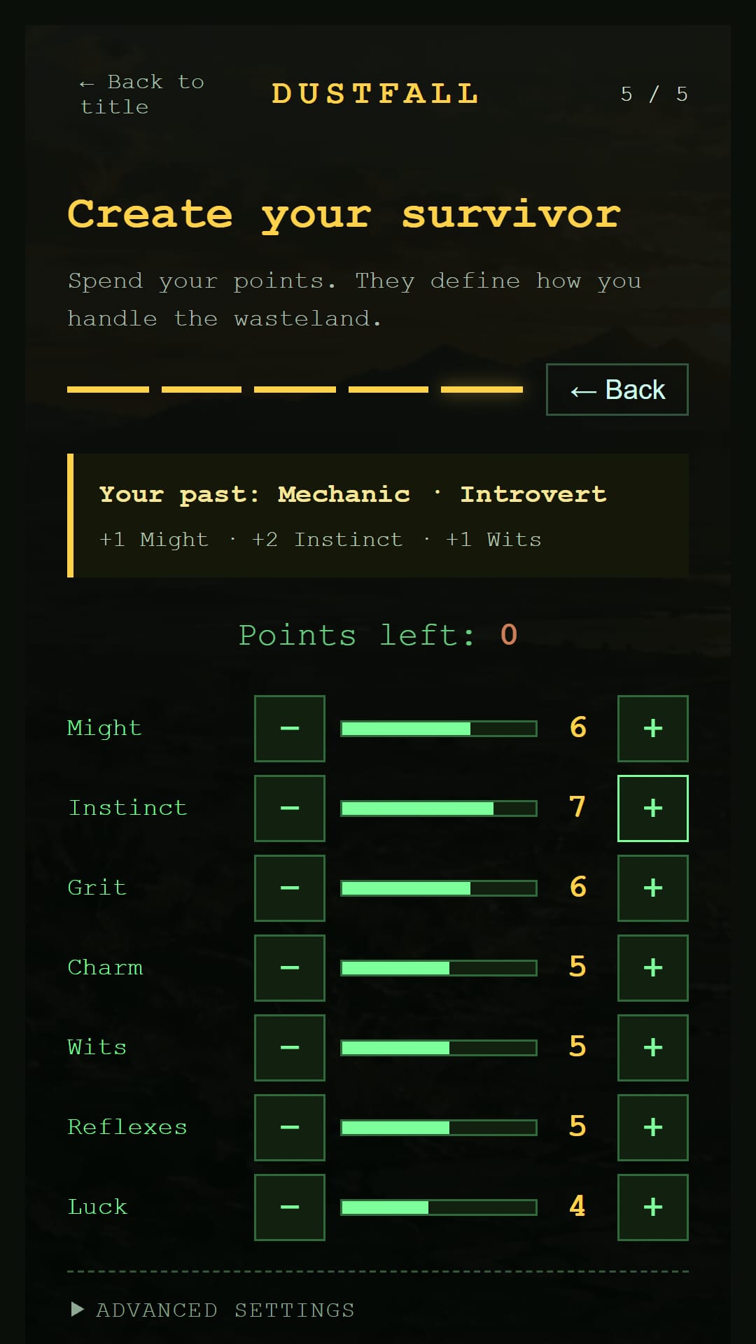 Survivor creation in DustFall