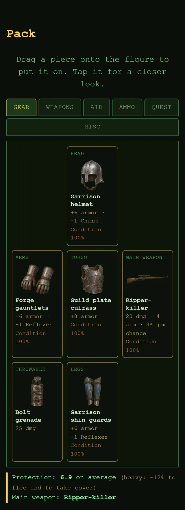 DustFall screenshot: the backpack with a full loadout: helmet, cuirass, gauntlets, shin guards, rifle and grenade