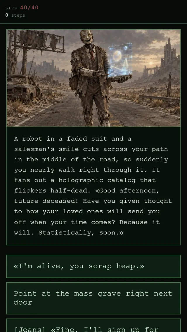 DustFall screenshot: the door-to-door funeral-insurance salesman robot, out in the wasteland