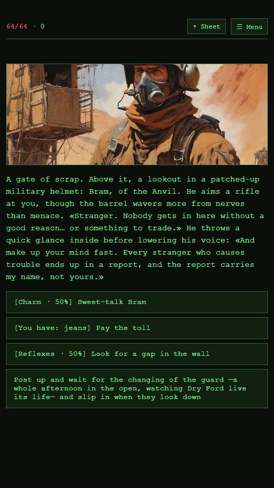 DustFall, a wasteland RPG — Bram, the Dry Ford lookout, and the ways past him