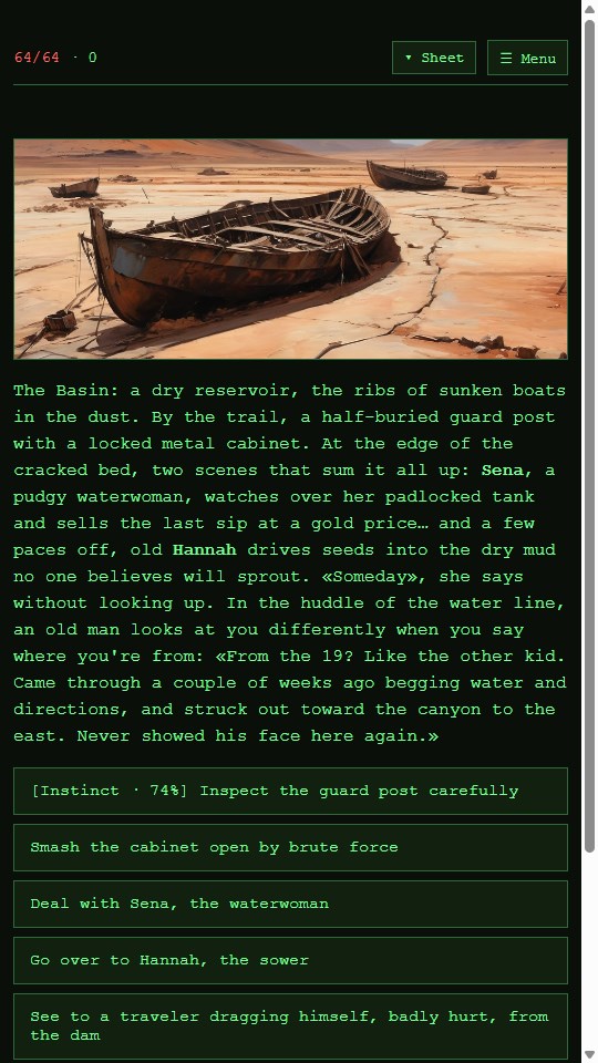 DustFall, a wasteland RPG — The Basin, with Sena the water-seller and Hannah the planter