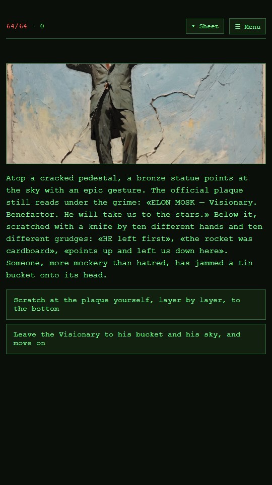 DustFall, a wasteland RPG — the Visionary’s statue, its plaque scratched away with a knife