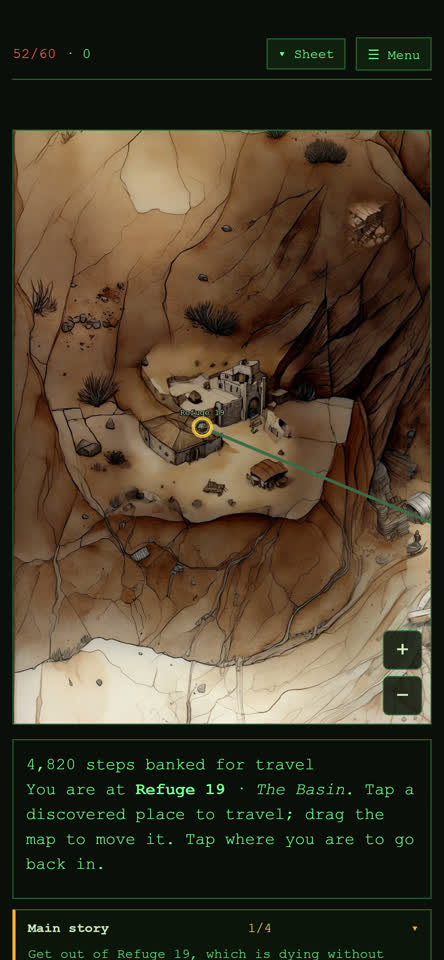 DustFall, a wasteland RPG — the map zoomed in on Vault 19