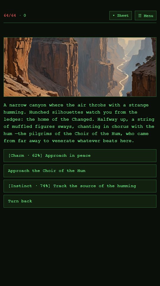 DustFall, a wasteland RPG — the canyon of the Changed and the Choir of the Hum
