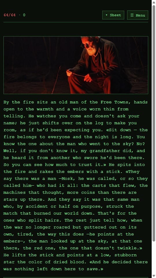 DustFall, a wasteland RPG — an elder of the Free Towns telling the legend by the fire