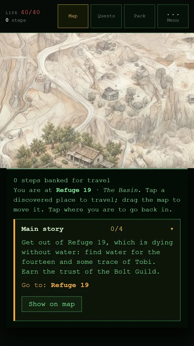 DustFall screenshot: the wasteland map, with discovered locations and banked steps ready to travel