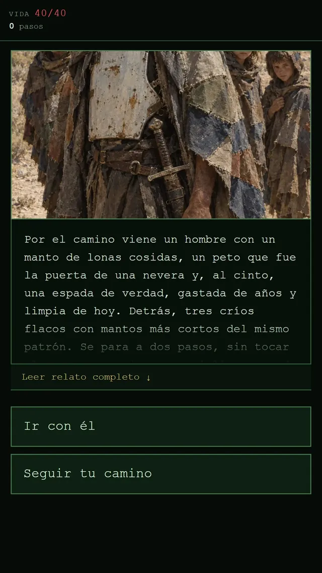 Captura de DustFall: el Caballero Cósmico, con su armadura de retales, y sus tres pupilos