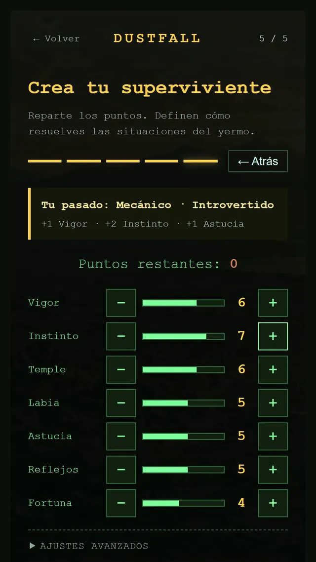 Captura de DustFall: la creación del superviviente: pasado, carácter y siete atributos