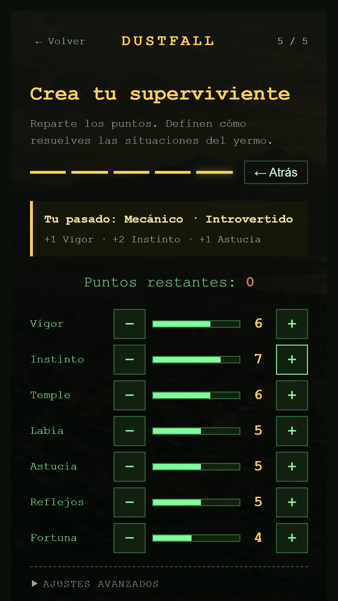 Pantalla de creación de superviviente en DustFall