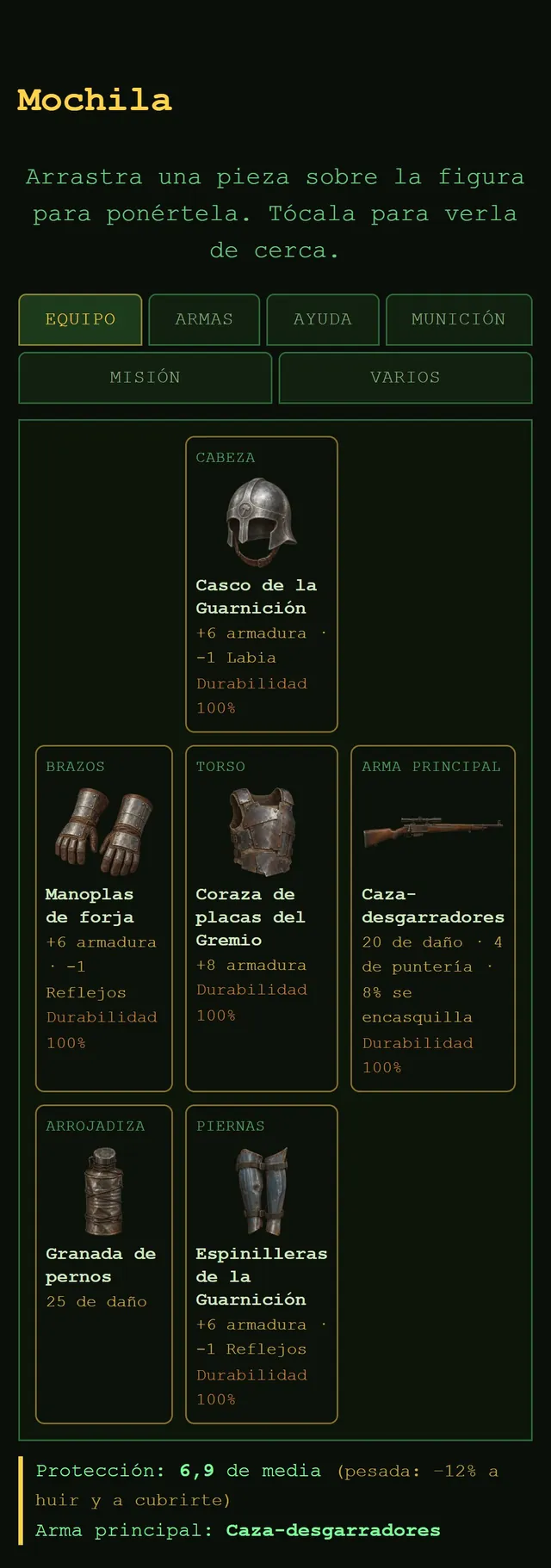 Captura de DustFall: la mochila con el equipo completo: casco, coraza, manoplas, espinilleras, rifle y granada