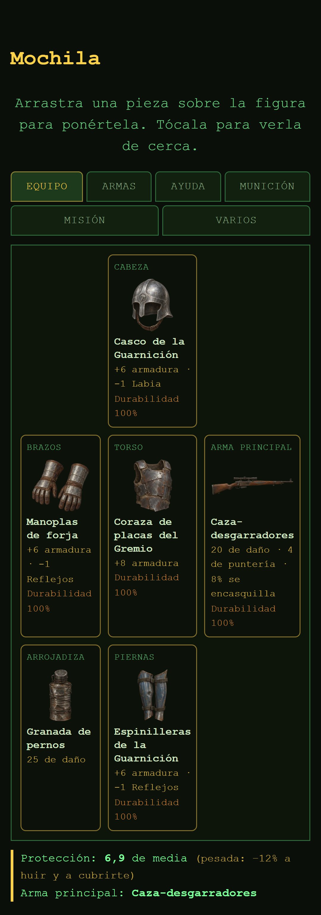 La mochila de DustFall con el equipo completo