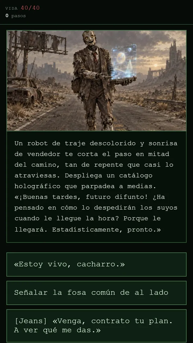 Captura de DustFall: el robot vendedor de seguros funerarios, a domicilio en pleno yermo