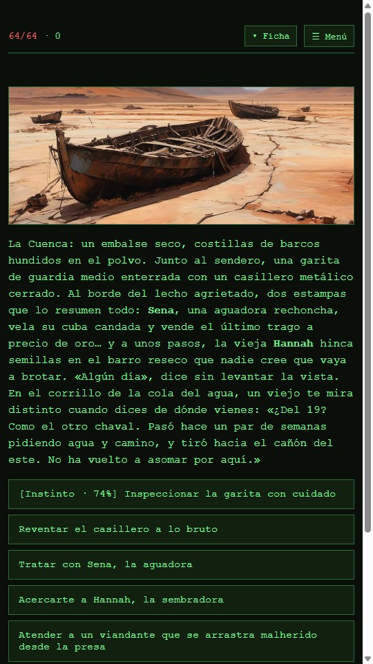 DustFall, RPG de yermo — La Cuenca, con Sena la aguadora y Hannah la sembradora