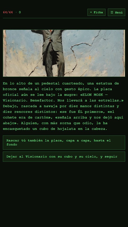DustFall, RPG de yermo — la estatua del Visionario, con la placa rascada a navaja