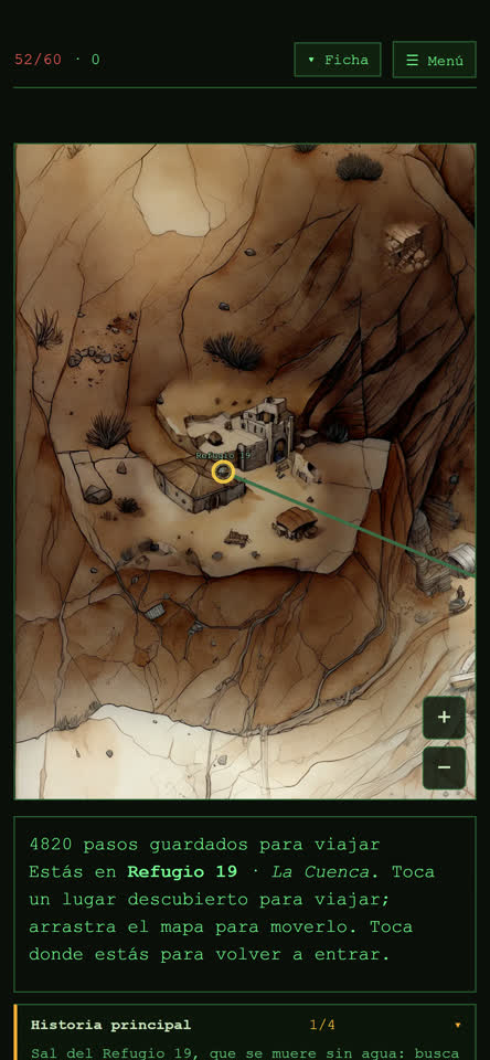 DustFall, RPG de yermo — el mapa ampliado sobre el Refugio 19