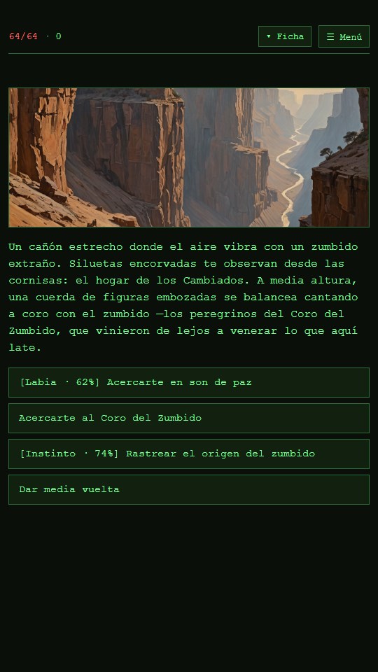 DustFall, RPG de yermo — el cañón de los Cambiados y el Coro del Zumbido