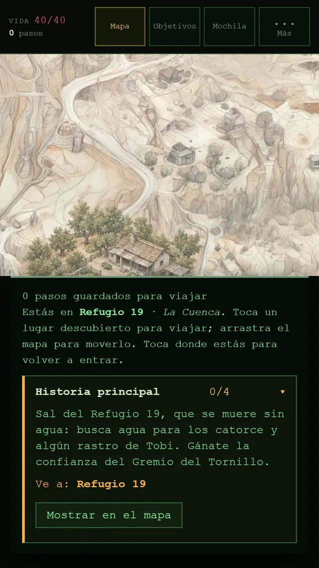 Captura de DustFall: el mapa del yermo, con los lugares descubiertos y los pasos guardados para viajar