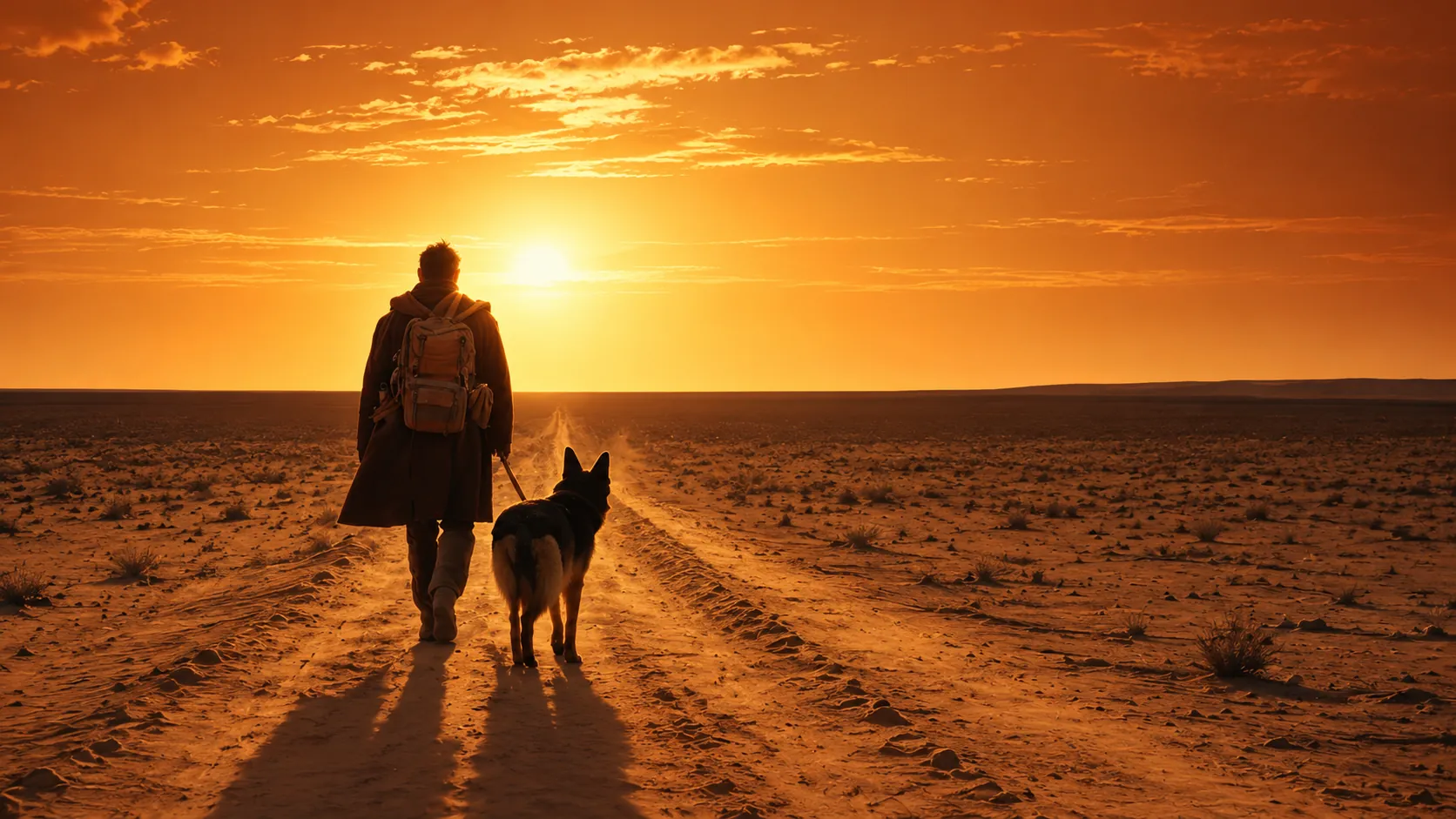 Arte de DustFall: un caminante con mochila y su perro andan por un camino de tierra hacia el sol, en un desierto naranja