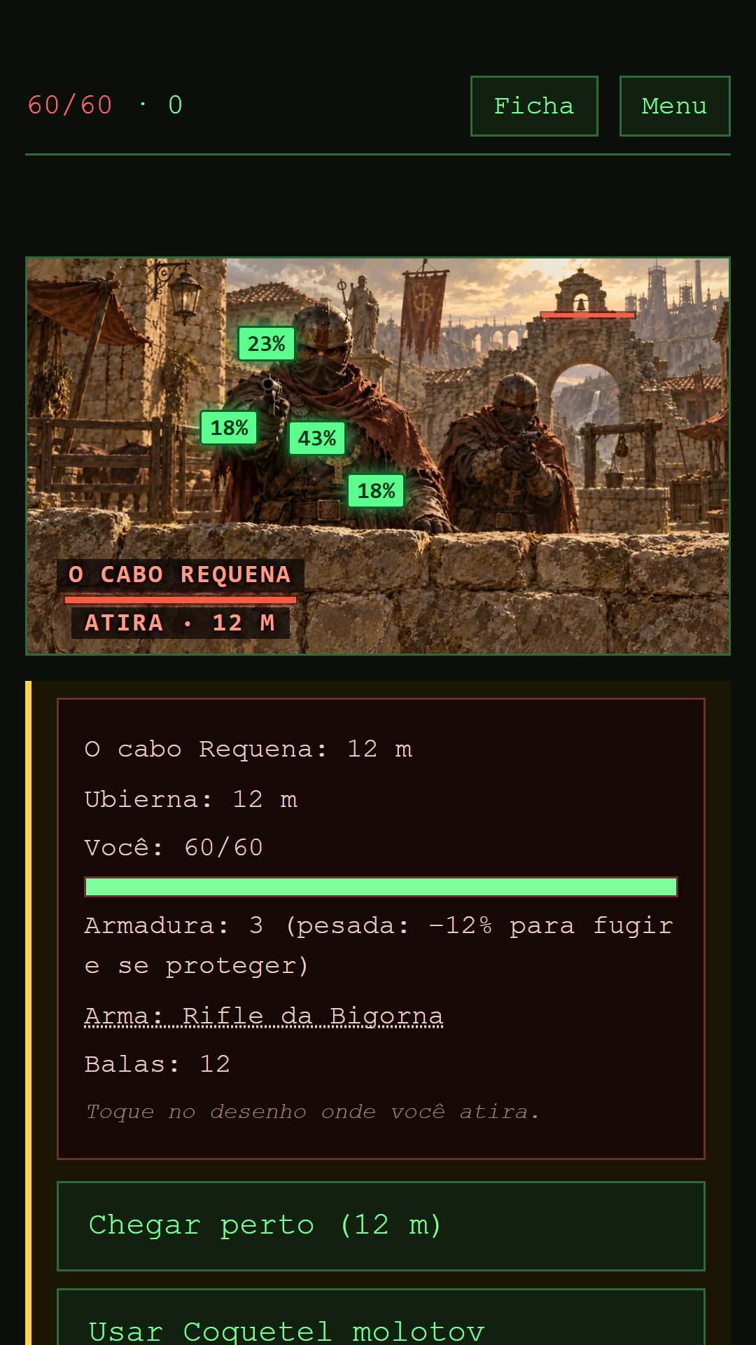 DustFall, RPG de ermo — a apontar em combate: cada zona do inimigo mostra a sua probabilidade de acerto
