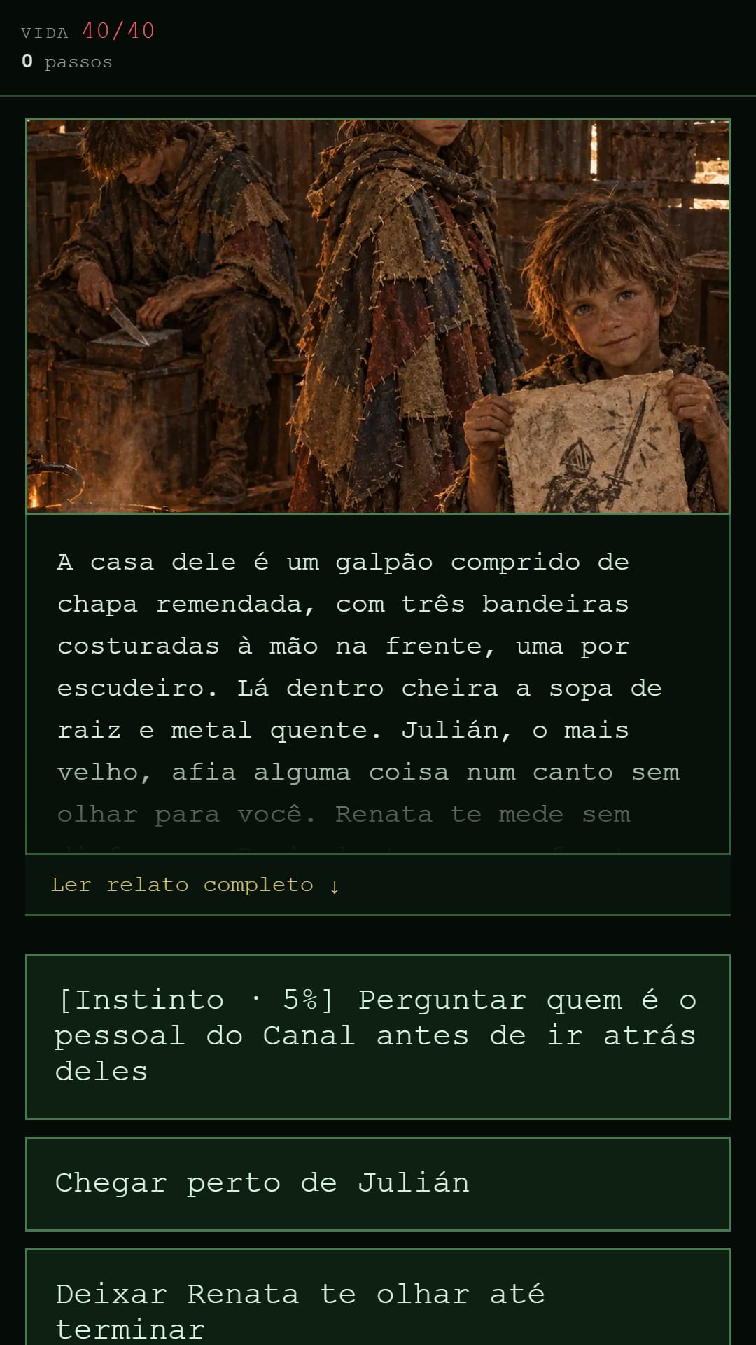 DustFall, RPG de ermo — a casa do Cavaleiro Cósmico, com os seus pupilos