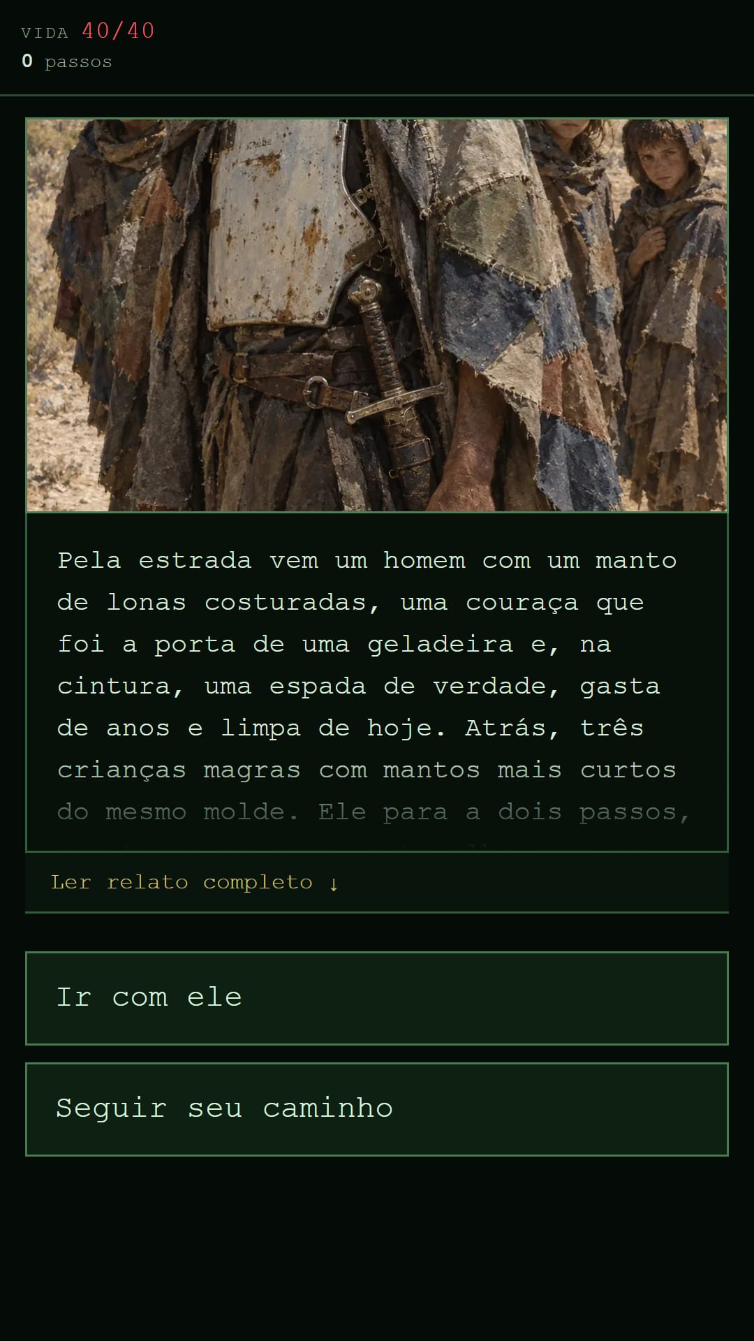 DustFall, RPG de ermo — o Cavaleiro Cósmico, com a sua armadura de retalhos, e os seus três pupilos
