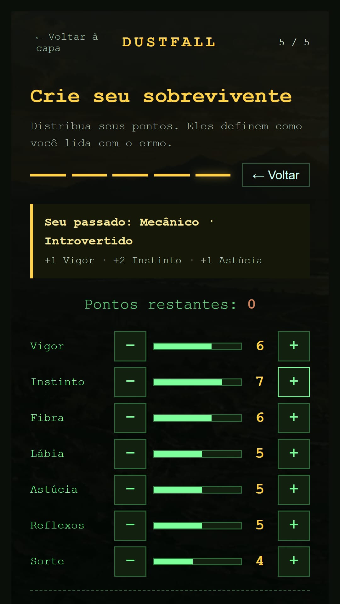 DustFall, RPG de ermo — a criação do sobrevivente: passado, carácter e sete atributos