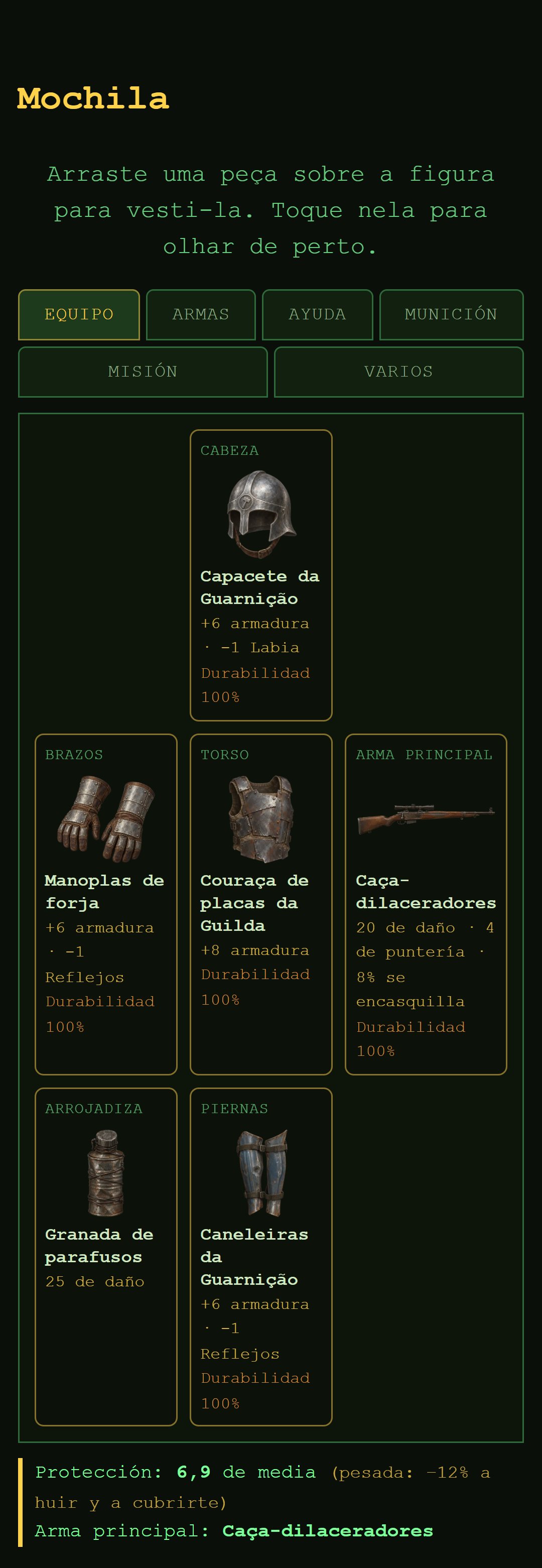 DustFall, RPG de ermo — a mochila com o equipamento completo: capacete, couraça, manoplas, caneleiras, rifle e granada