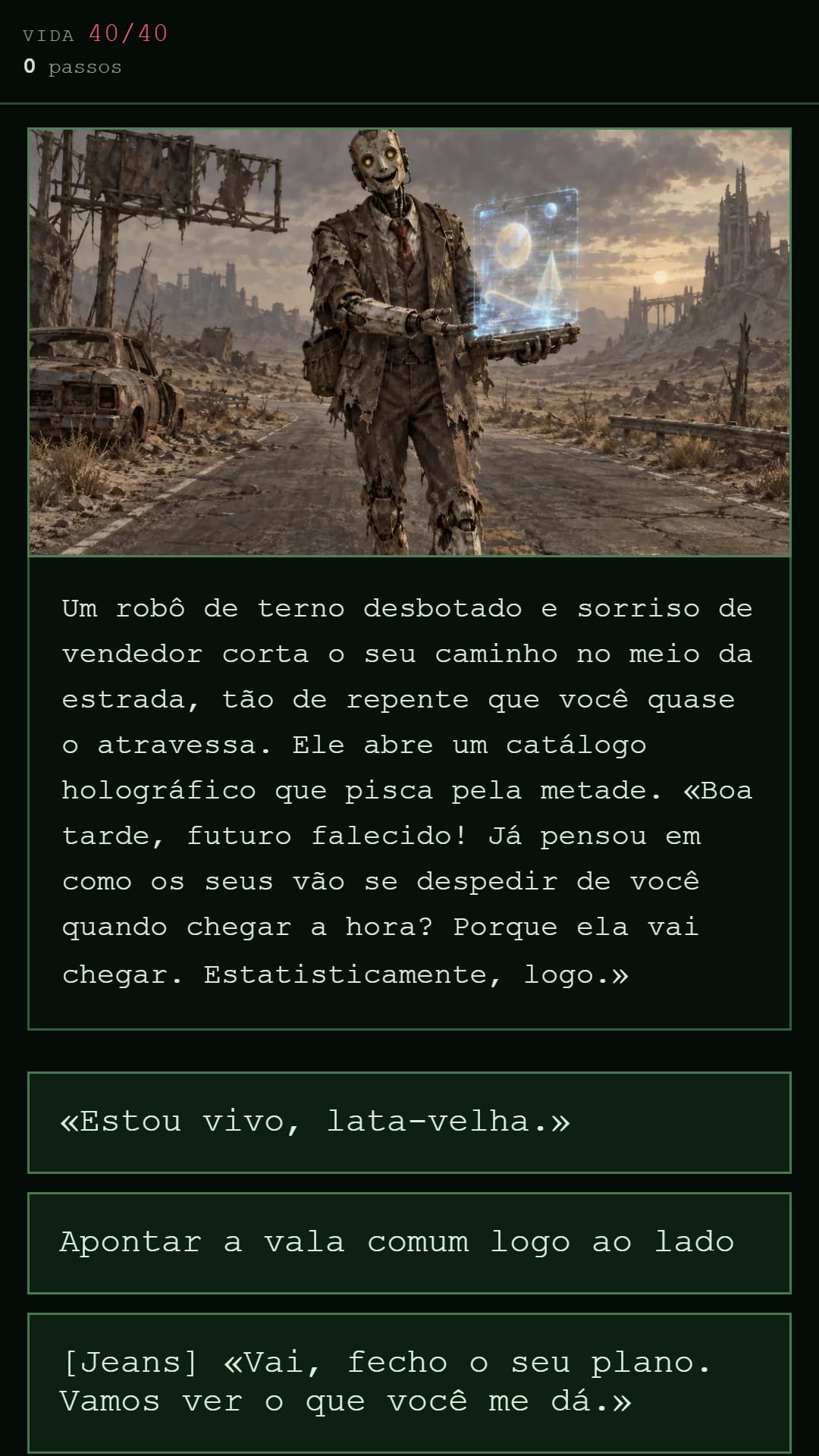 DustFall, RPG de ermo — o robô vendedor de seguros funerários, porta a porta em pleno ermo