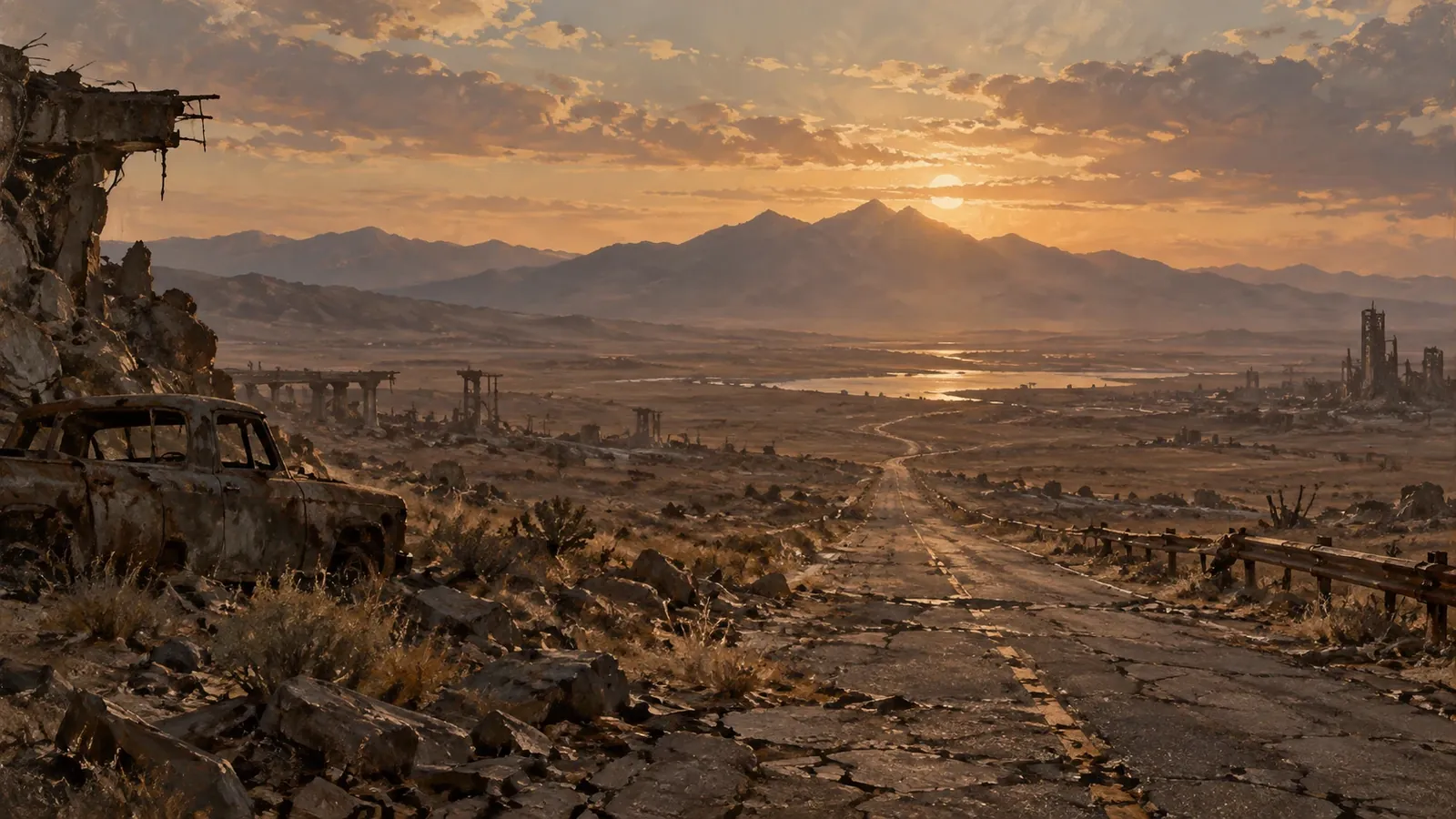 Ilustración de DustFall: una carretera rota cruza el yermo hacia las montañas al atardecer, entre ruinas y coches oxidados