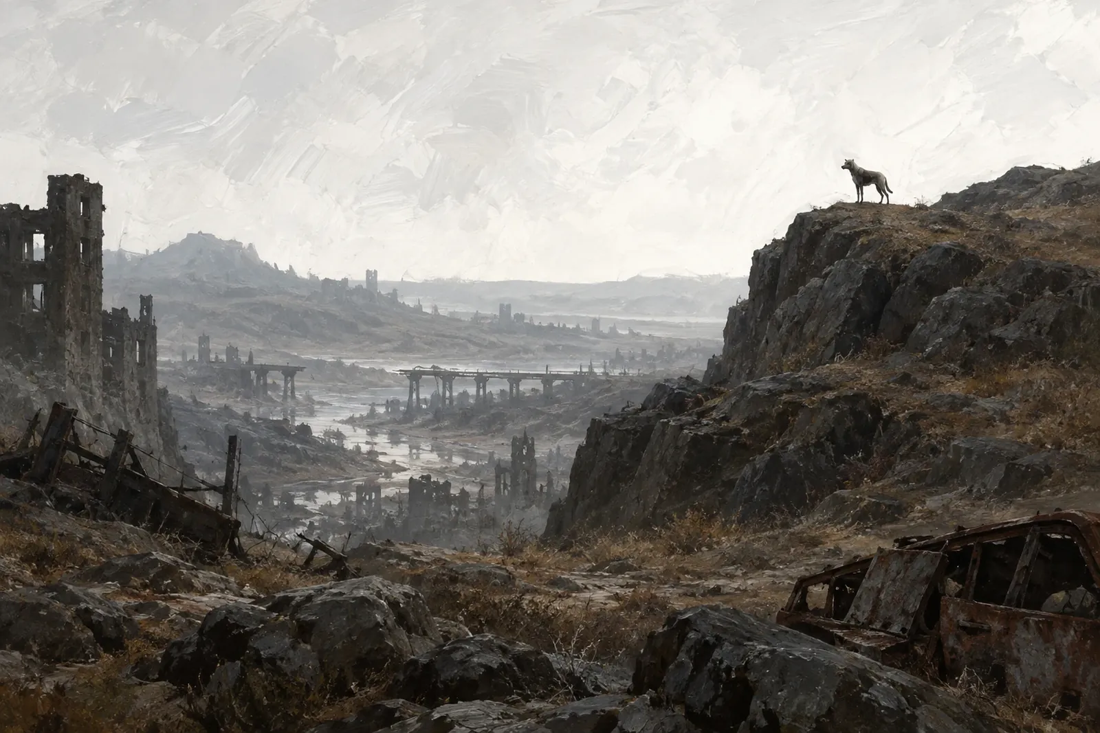 Ilustración de DustFall: un perro vigila desde lo alto de una peña, sobre un valle de ruinas y un río seco