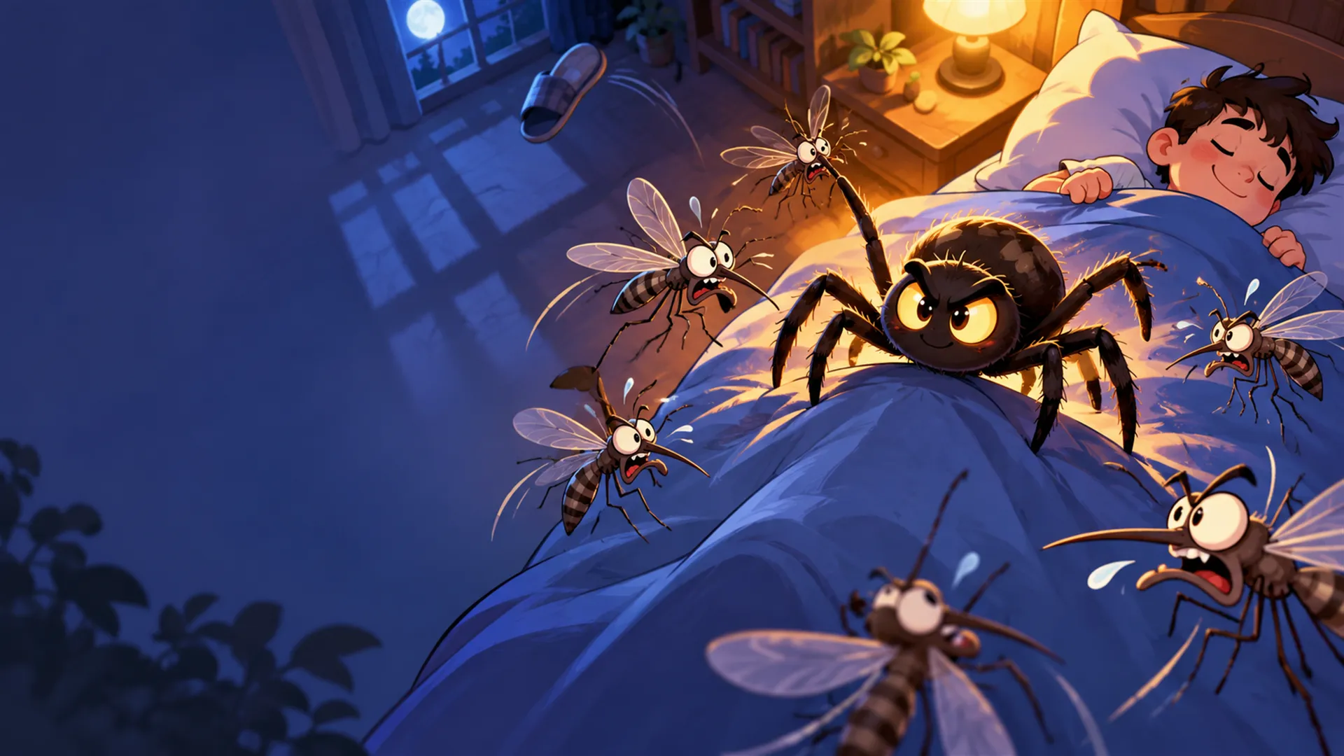 ¡No a mi humano! — Eres la araña que vive bajo la cama. Esta noche, nadie pica a tu humano